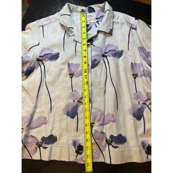 Columbia Cropped Button Front Floral White Purple Linen Blend Blouse Sz PL - Picture 7 of 8